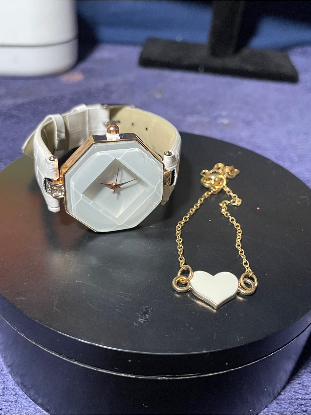 Elegant White Octagonal Face Women's Watch with White Heart Bracelet